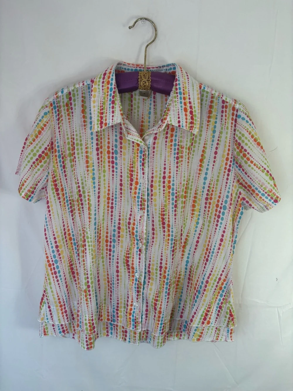 Cotton Blend White Rainbow Polka‎ Dot Lightweight Boho Short Sleeve Button Up M